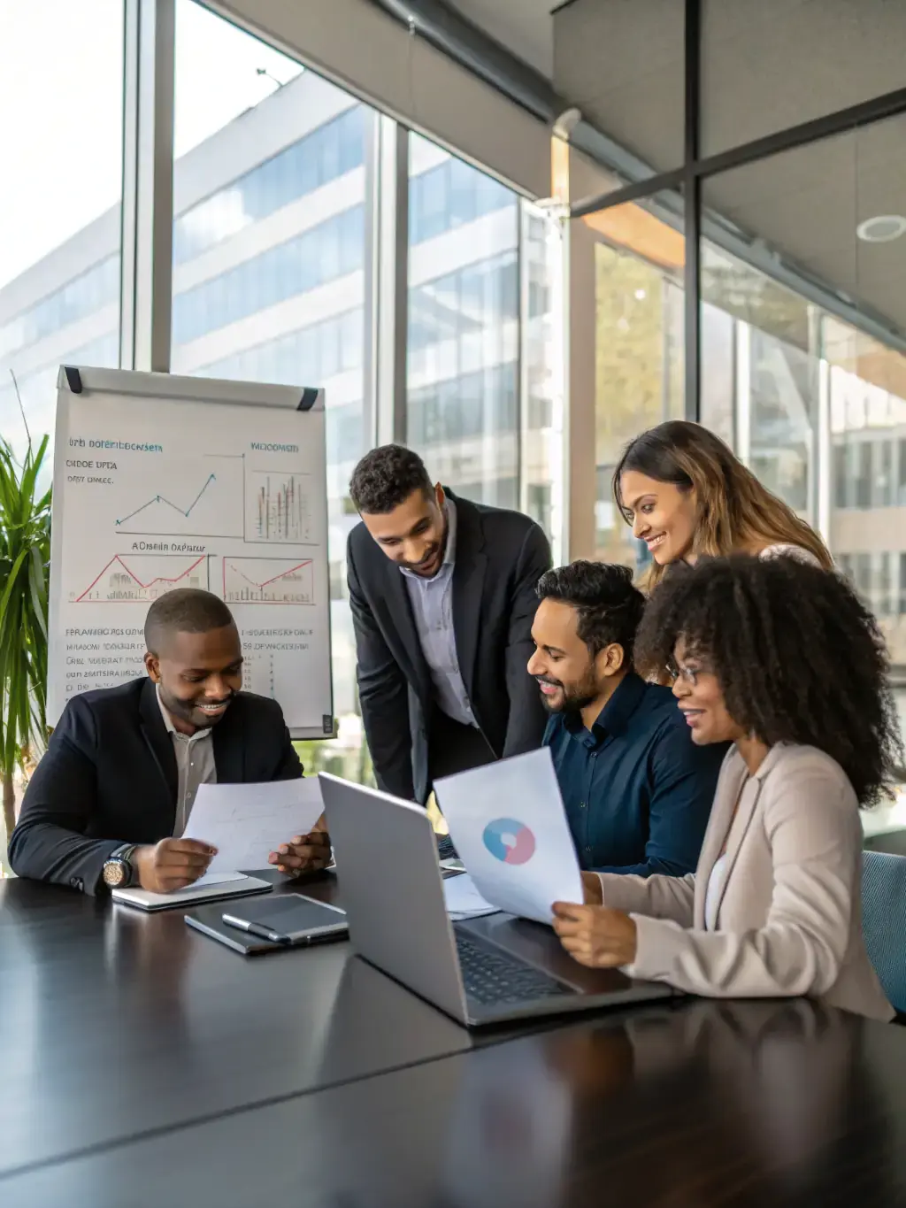 A diverse team of consultants collaborating around a table, reviewing governance and compliance documents.