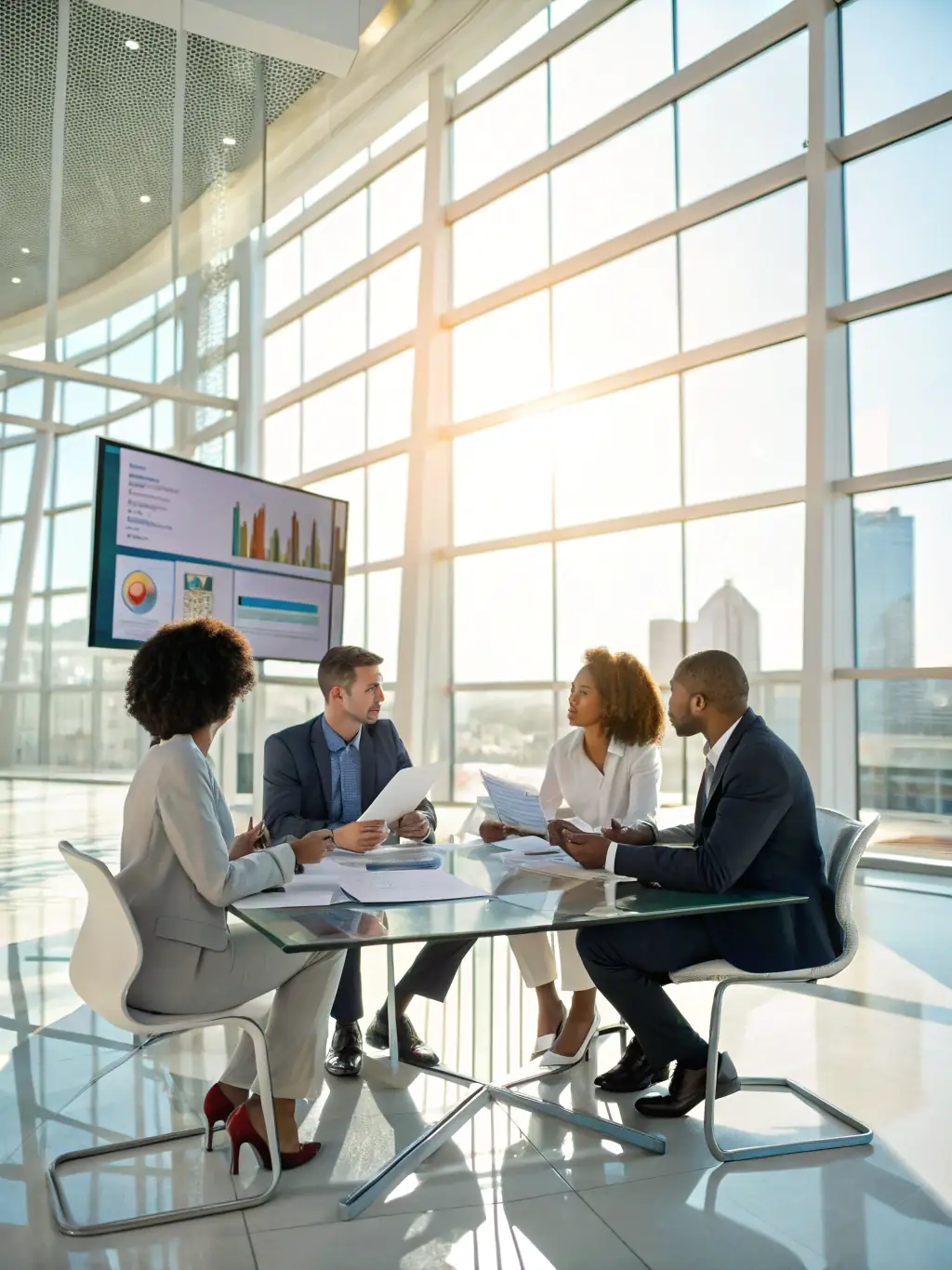 A team of business professionals collaborating on a risk assessment report, highlighting Tickbox's business assurance services.
