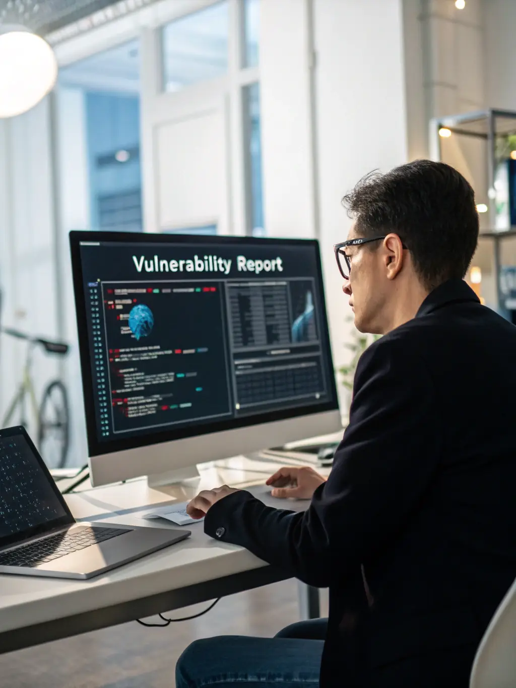 An IT security expert conducting a network vulnerability assessment, highlighting Tickbox's capabilities in identifying and mitigating IT risks.