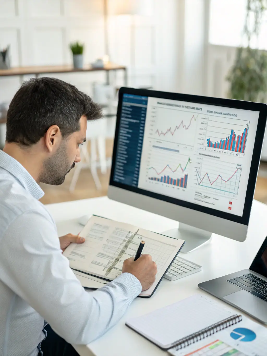 A focused image of financial analysts reviewing balance sheets and using data analytics tools to identify discrepancies, representing Tickbox's expertise in financial auditing.