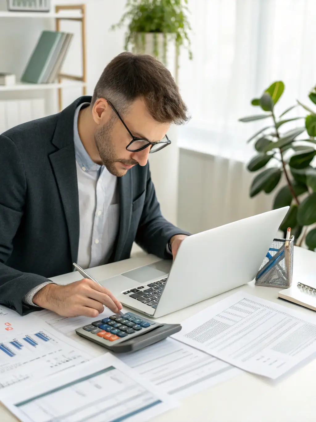 A professional auditor reviewing financial documents in a modern office setting, symbolizing Tickbox's commitment to thorough internal audits.
